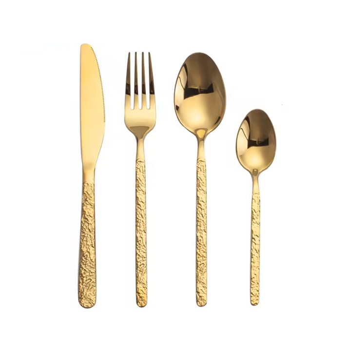 Set tacamuri premium INNOVIO®, Inox 18/10 304, 16 piese, Maner elegant textura piatra, 4 x Cutit, 4 x Furculita, 4 x Lingura, 4 x Lingurita, Culoare Auriu