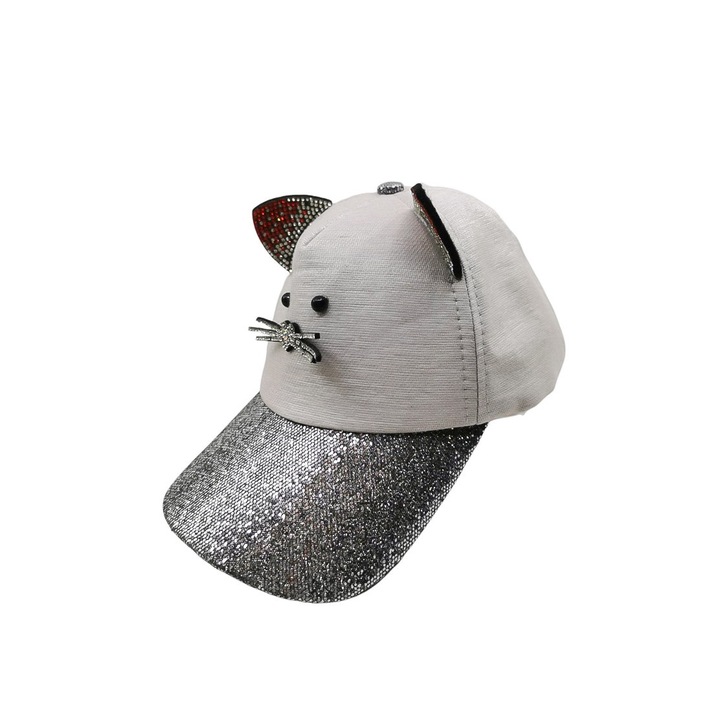 Sapca pentru copii MeowHat Doty®, cu urechi si mustati, design modern, strasuri si sclipici atasate, 34 cm circumferinta, gri
