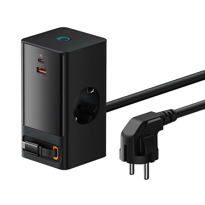 Удължителен щепсел 2в1 65W USB, 2x Type-C, напрежение 250v, мощност 4000w, мрежово зарядно устройство, многослойна защита, разклонител, повече портове, допълнителен кабел, черен