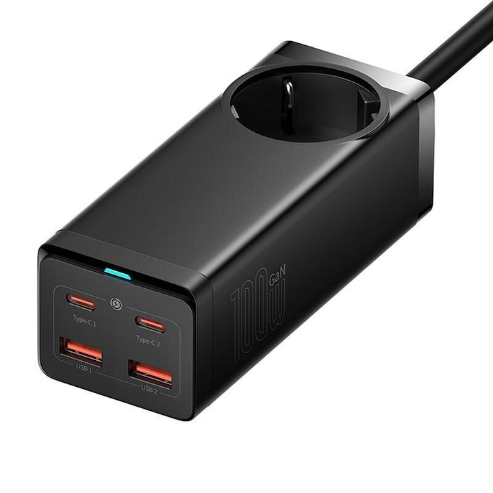 Hosszabbító aljzat, 2x Type-C, 2x USB, AC 65W, Töltési teljesítmény 100W, Tápellátás, Gyorstöltés 4.0, GaN3 Pro hálózati töltő, Elosztó, Több port, Extra kábel, 1,5 m, Fekete