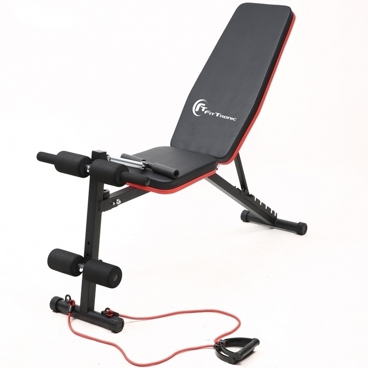 Banca de exercitii reglabila FitTronic® B210, pliabila, corzi pentru brate incluse, spatar reglabil