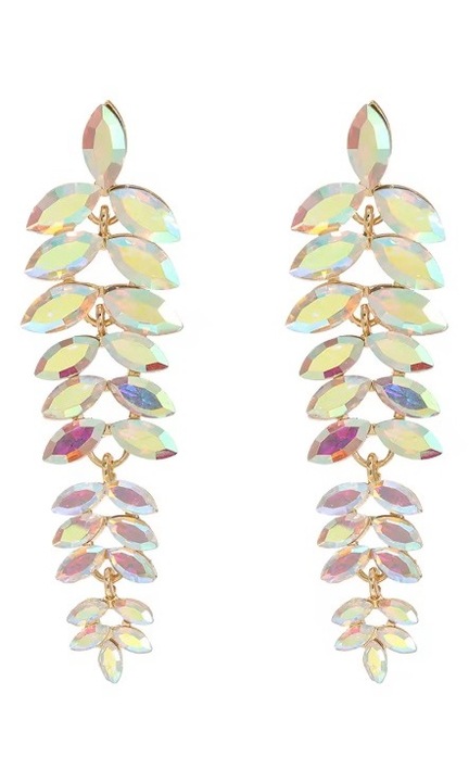 Irizáló arany fülbevaló hosszú leveles cirkóniákkal arany foglalatban