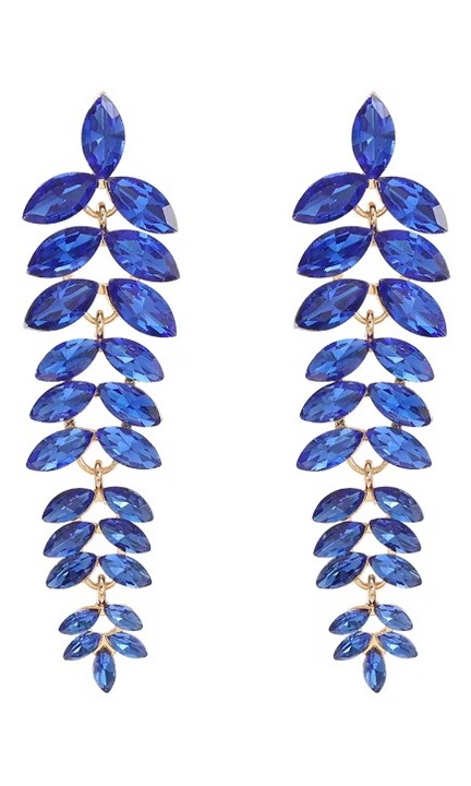 Hosszú fülbevaló kék levelekkel és cirkóniákkal arany foglalatban