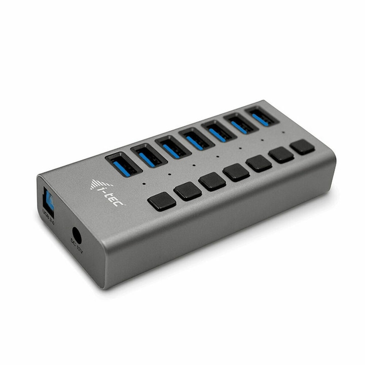 i-Tec USB хъб, 7 USB-A порта, LED индикатор, 55 см, сив