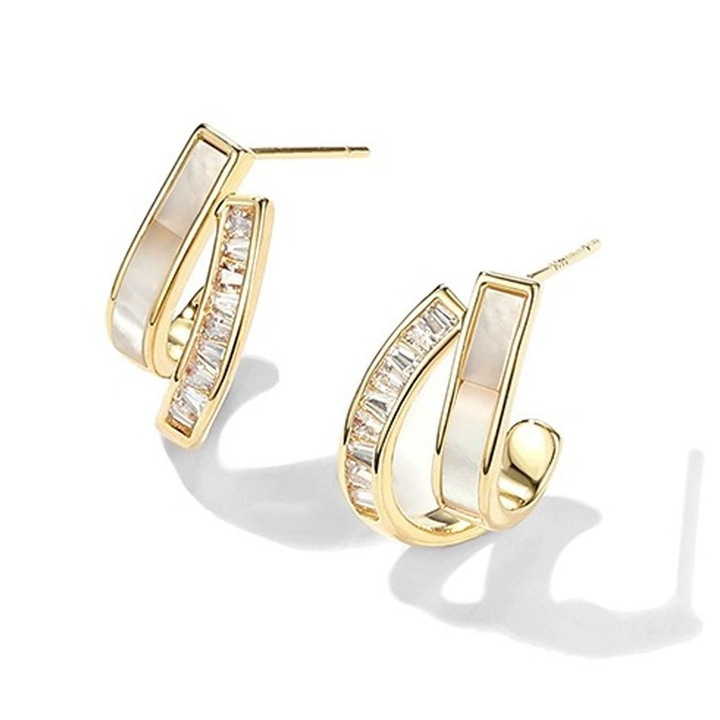 Cercei, metal/piatra naturala, auriu/alb