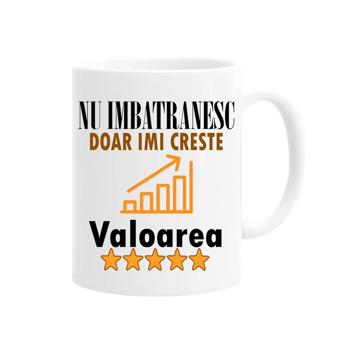 Személyre szabott bögre vicces üzenettel: Nem öregszem, csak az értékem nő, narancssárga szöveg, 330ml, fehér