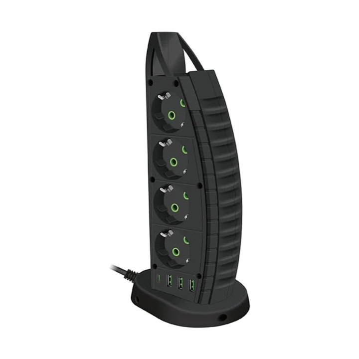 Удължител, ELMHURST tower extension, 4 x USB порта, 8 AC контакта, 2500 W, защита от пренапрежение, превключвател, черен