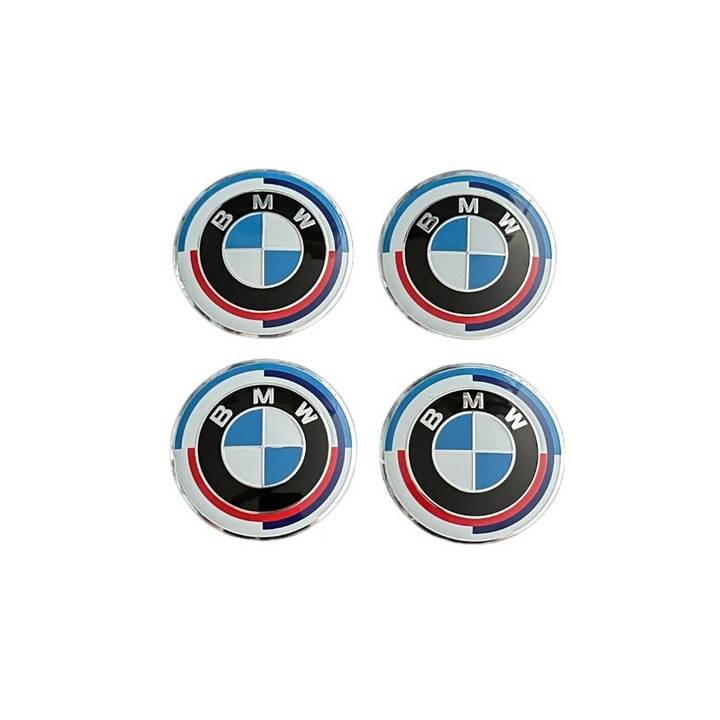 Set 4 stickere BMW din tabla autoadezive 56mm albastru Aniversare, pentru jante aliaj