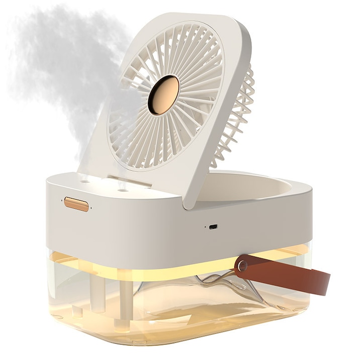 2 az 1-ben ventilátor, légtisztítás és párásítás, hordozható, 2,5 literes víztartály, időzítő, 3 sebességfokozat, 3 permetezési szint, 3 szellőzési fokozat, USB töltés, csúszásgátló lábak, bőr fogantyú, 10 W, 12,5 x 22 x 16 cm, fehér