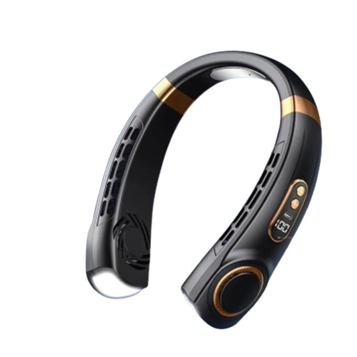 Hordozható nyaki ventilátor LED-kijelzővel, hordozható USB-vel, környezeti világítással, fekete, UA