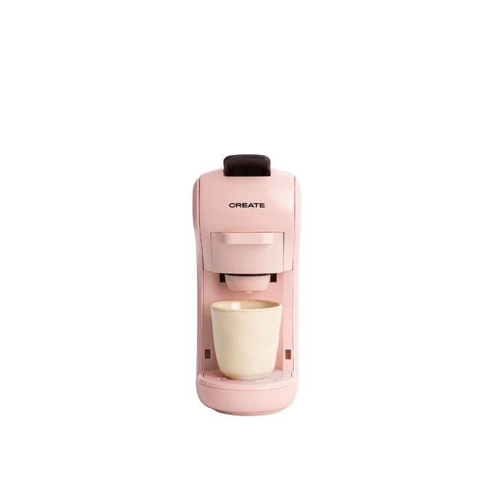 Ретро 3в1 автоматична еспресо машина CREATE, Potts, 19 бара, 0.6 литра, съвместима с Nespresso, Dolce Gusto, Starbucks капсули, смляно кафе, 2 функции за приготвяне, автоматично спиране, лесно почистване, компактна, 1450 W, пастелно розово