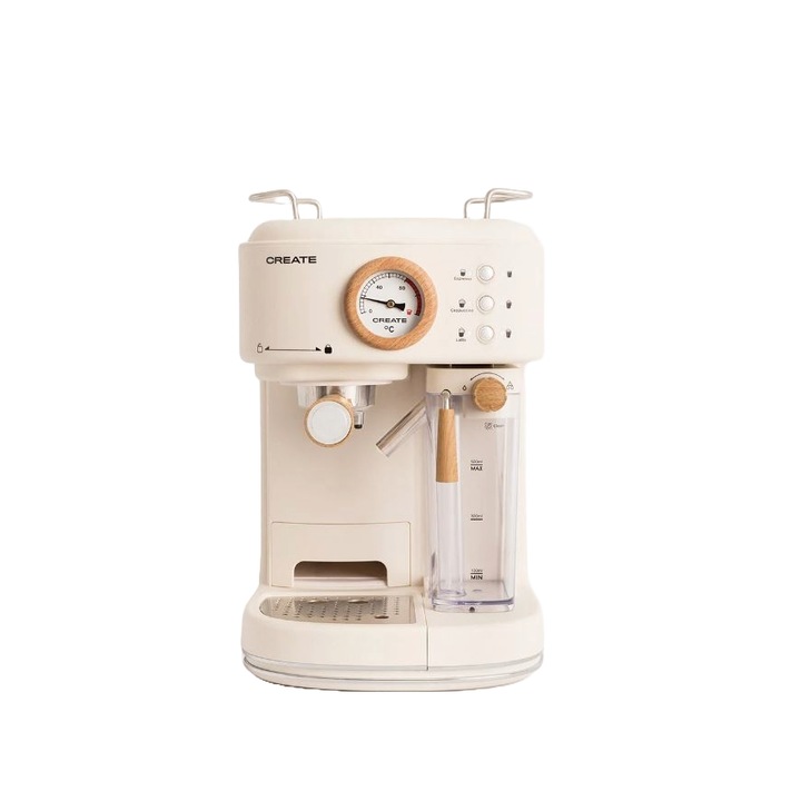 Espressor Retro semi-automat CREATE, Thera Retro Pro, 20 bari, 1.5 litri, ideal pentru toate specialitatile de cafea, compatibil cu cafea macinata, manometru, incalzire rapida, rezervor de lapte integrat 500 ml, placa incalzire cesti, crem