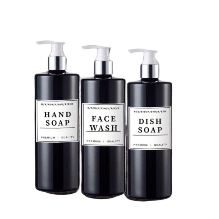3 adagoló tartály készlet, samponhoz, balzsamhoz és tusfürdőhöz, 500 ml, fekete színű, fehér pumpával, 12 vízálló öntapadó címkével