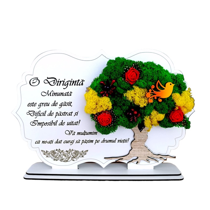 Tablou copac cu licheni stabilizati, personalizat cu mesaj standard pentru diriginta "O Diriginta minunata..." dimensiune 30x20cm, model 1, alb