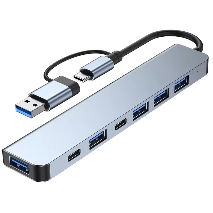 HUB адаптер 7 в 1 с Type-C или USB 2.0 входен щепсел, 4 USB 2.0 порта, 1 USB 3.0 порт, 1 USB-C порт, 1 5w порт