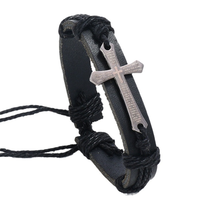 Bratara Personalizata Unisex, cu Model Metalic de Cruce, din Piele Ecologica si Snur cu Lungime Reglabila, pentru Barbati si Femei, PriStyle®