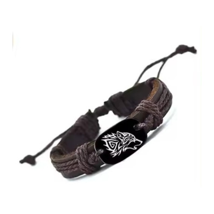 Bratara Personalizata pentru Barbati, cu Gravura cap de Lup, din Piele Ecologica si Snur cu Lungime Reglabila, PriStyle®