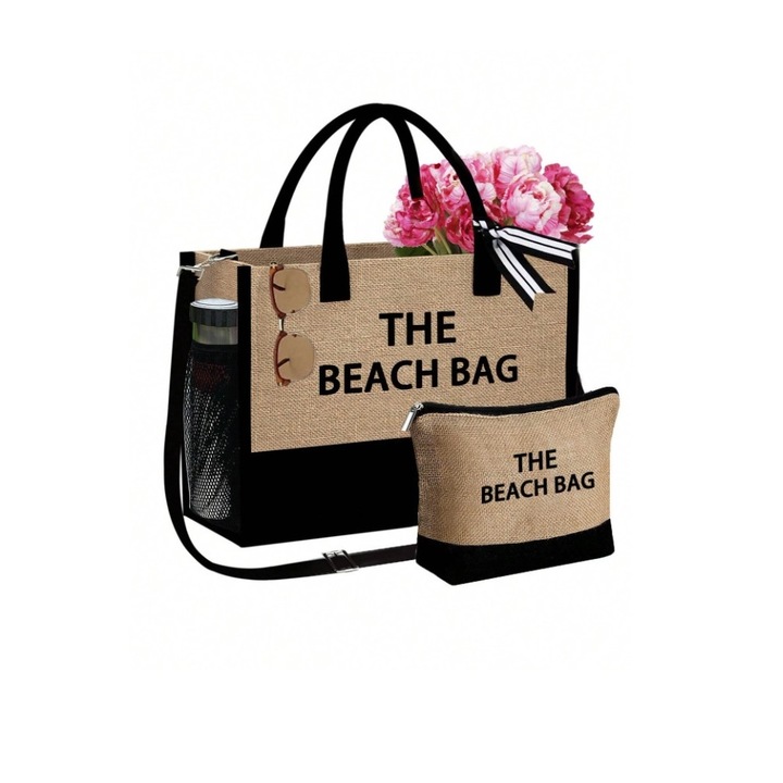 Geanta de plaja din material de in cu portofel, The Beach Bag, 41.5x13x31.5 cm, culoarea bej