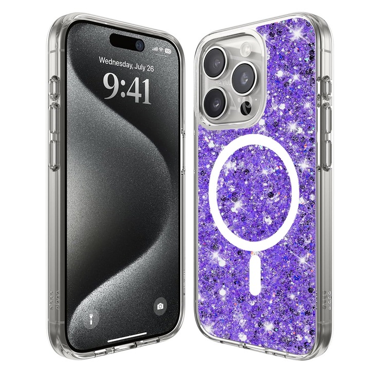 Кейс за iPhone 15 Pro - Techsuit Sparkly Glitter MagSafe - Лилав