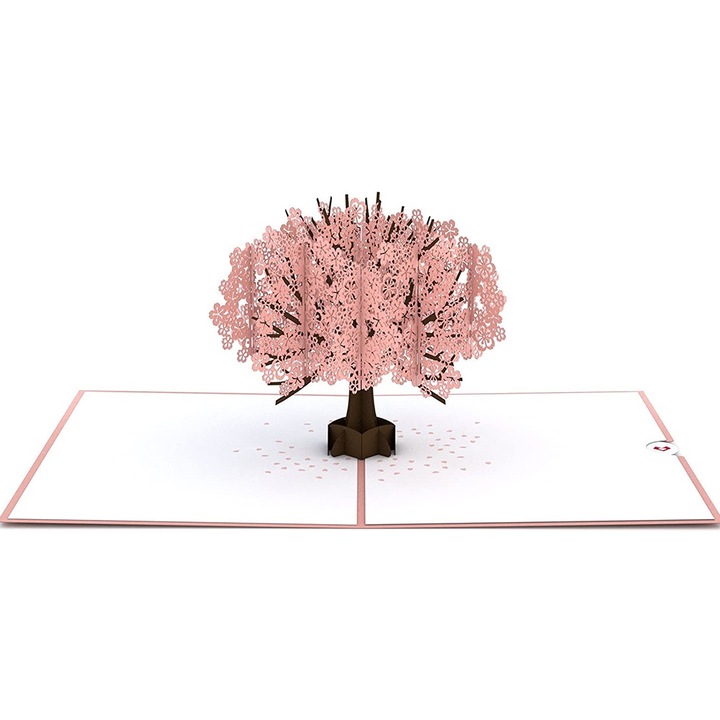 Hosszú, 5x7 hüvelykes Cherry Blossom Pop Up kártya Valentin-napra, évfordulóra, borítékkal és személyre szabott jegyzetekkel