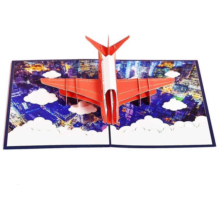Pop-up kártya repülőgéppel, kézzel készített 3D kártya
