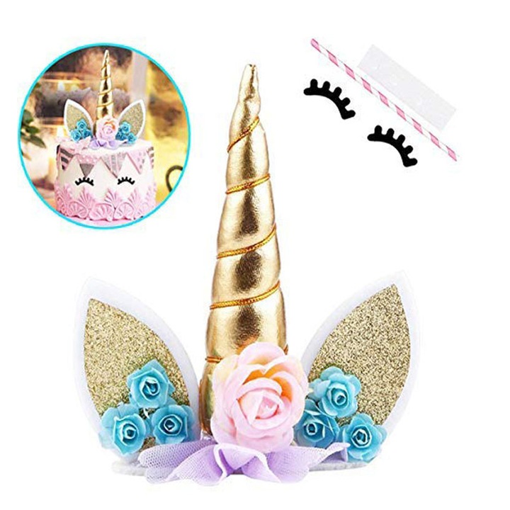 Decoratiuni tort unicorn, Enforose, set 3D, carton, pentru petreceri, multicolor