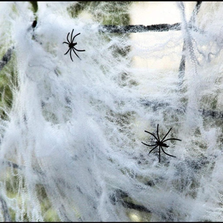 5 db halloween-dísz készlet, pókháló 2 pókkal, pamut, fehér