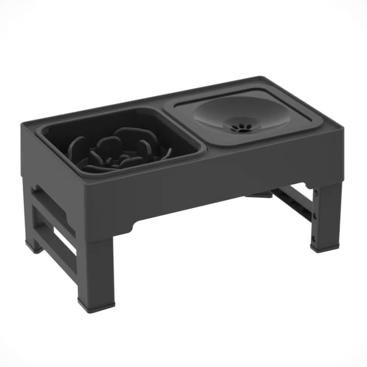Élelmiszer- és vizestál, Fröccsenésgátló, Kiömlésgátló, Csúszásgátló, Lassú etetés, Lassú adagolás, Állítható magasság, 2 az 1-ben, házi kedvenceknek, fekete
