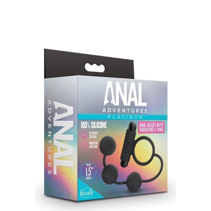 Анални топчета Blush, Bead, с пръстен C, вибрации, силикон, 31 - 35 см, черни