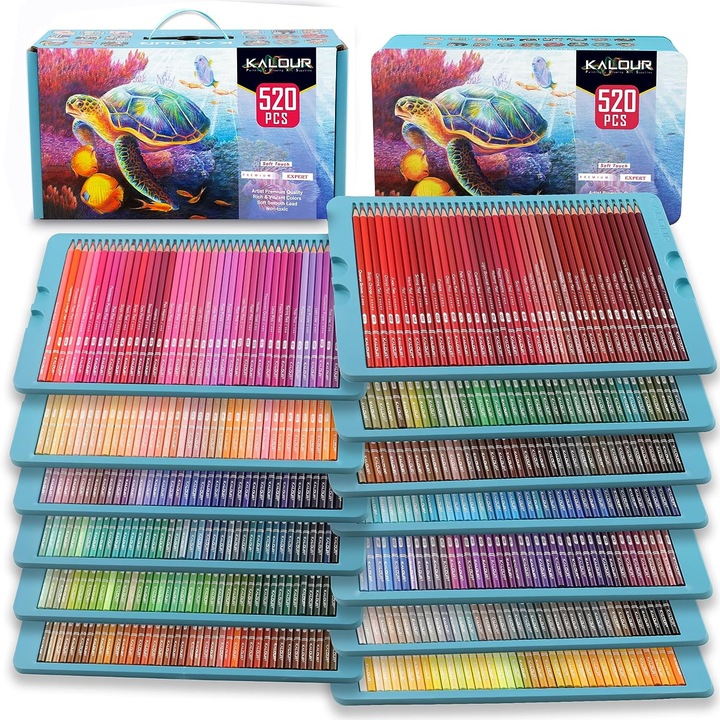 Set Creioane Colorate Profesionale Kalour Soft Touch Premium Expert, 520 Culori Unice, Miez Moale de 3.3mm, Rezistenta Lumina, Lemn Tei, Paleta Extinsa Artisti Amatori si Profesionisti, Calitate Superioara Desen Artistic
