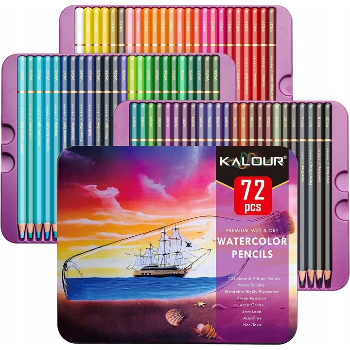 Set Creioane Acuarelabile Profesionale Kalour Premium Watercolour, 72 Piese, Miez Moale Pigmentat, Ideal pentru Artisti, Desen, Schite si Pictura, Culori Vibrante Non-Toxice pentru Experiente Creative