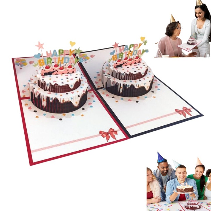 Set 2 Felicitari Aniversare 3D BOMSTOM, Hartie, 15x15cm, Rosu/Albastru