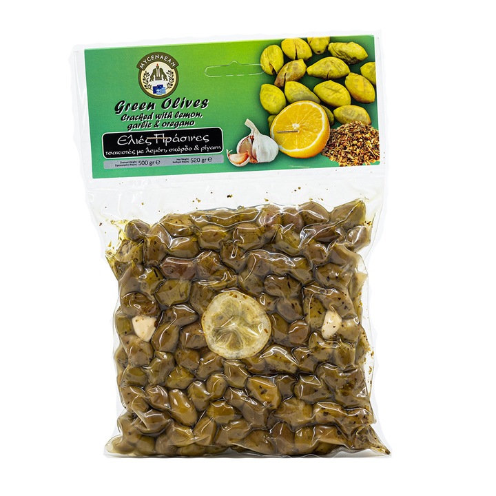 Masline verzi crapate cu lamaie, usturoi si oregano 500g