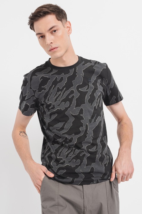 G-Star, Тениска с камуфлажен принт, Черен/Каки, S