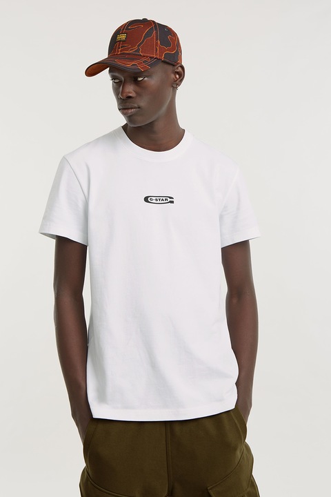 G-STAR, Тениска с шарка, Бял/Кафяв/Тъмносин, 2XL