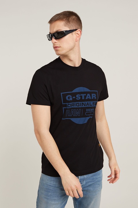 G-Star, Тениска от органичен памук с лого, Черен/Син