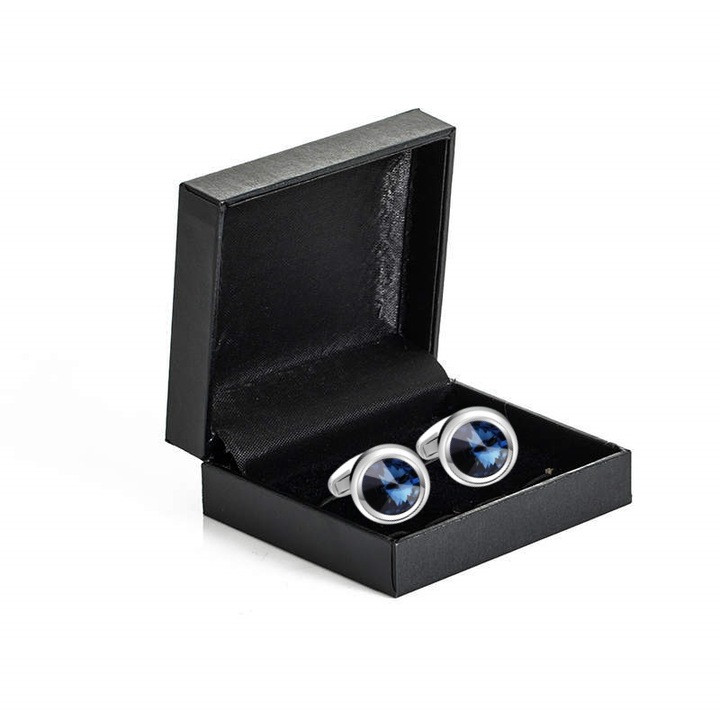 Butoni camasa BOMSTOM, cristal rotund, argintiu, 17mm, set cadou