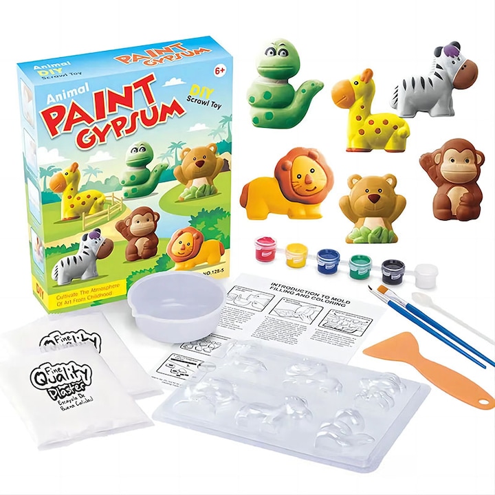 Set pictura si mulaj cu 6 figurine din ipsos de colorat, Alimalute Zoo, cu 6 culori, tavita si instructiuni, pentru fete sau baieti, copii de la 3 ani, multicolor, bebeLOGIC™