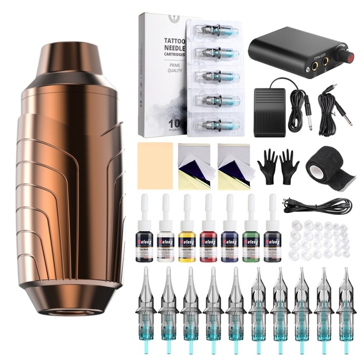 TBQ32P162 - Комплект машина за татуиране с писалка за татуировки и аксесоари - цвят злато
