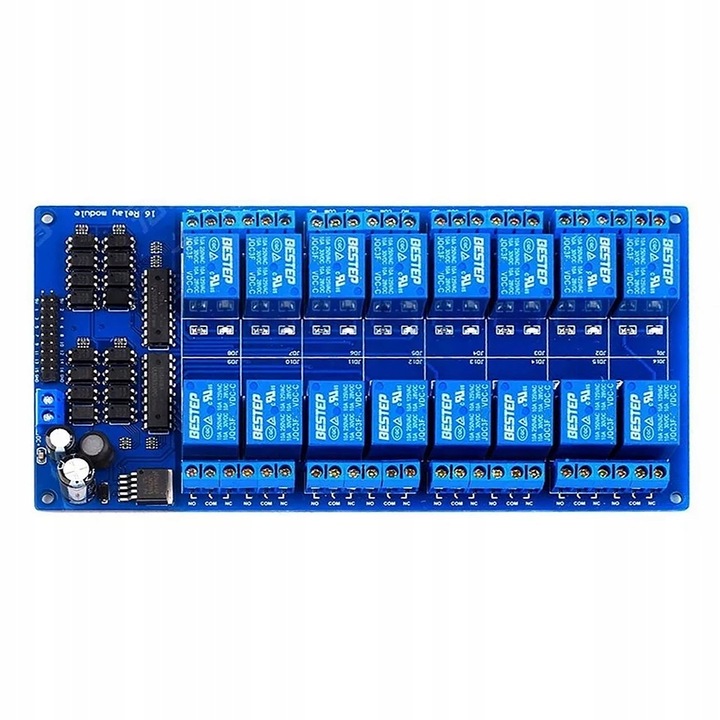 Modul releu 16 canale Rosfix, compatibil Arduino, izolatie optica, albastru, 24V, 220x57x19mm