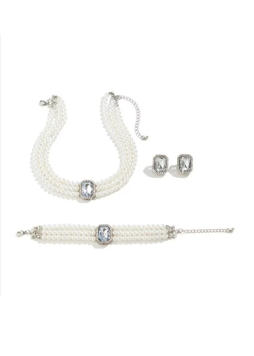 Set colier choker, bratara si cercei, argintii, cu perle si pietre, Roxanne, Shiny