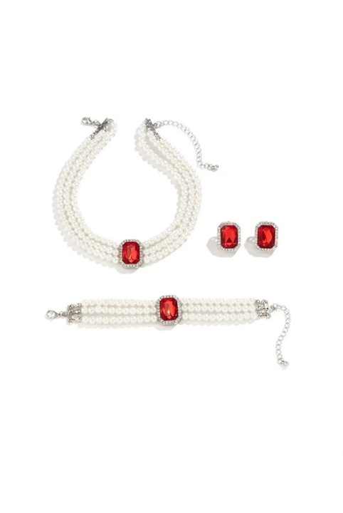 Set colier choker, bratara si cercei, argintii, cu perle si pietre, Diana, Shiny