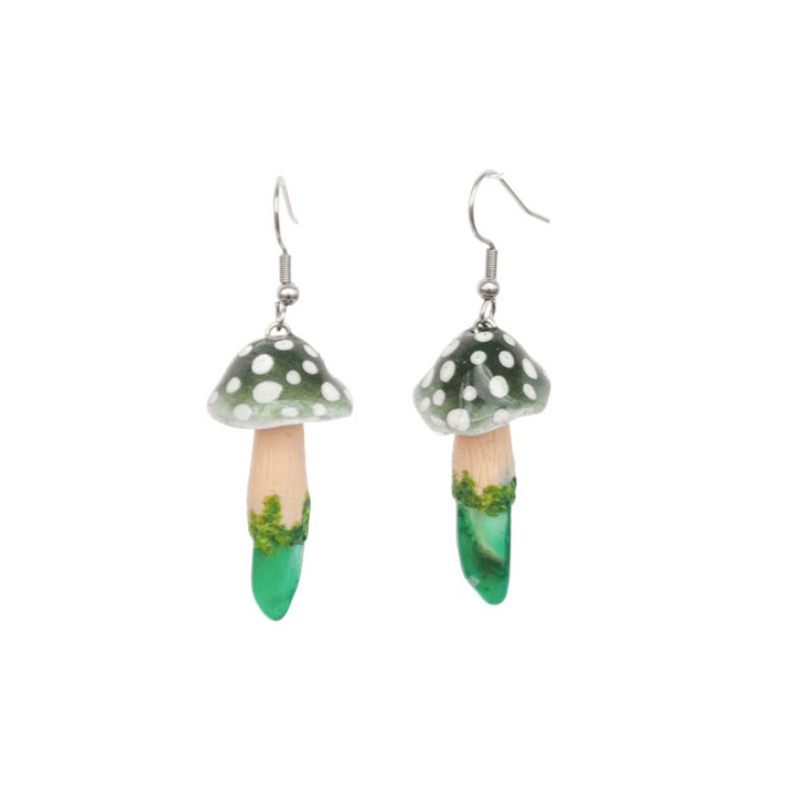 Kézzel készített fülbevaló zöld gomba zöld acháttal, rozsdamentes acél