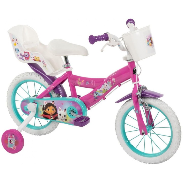 Bicicleta pentru copii, Huffy Domek GABBI, 4 roti, elemente reflectorizante, roz/alb, 35.6cm