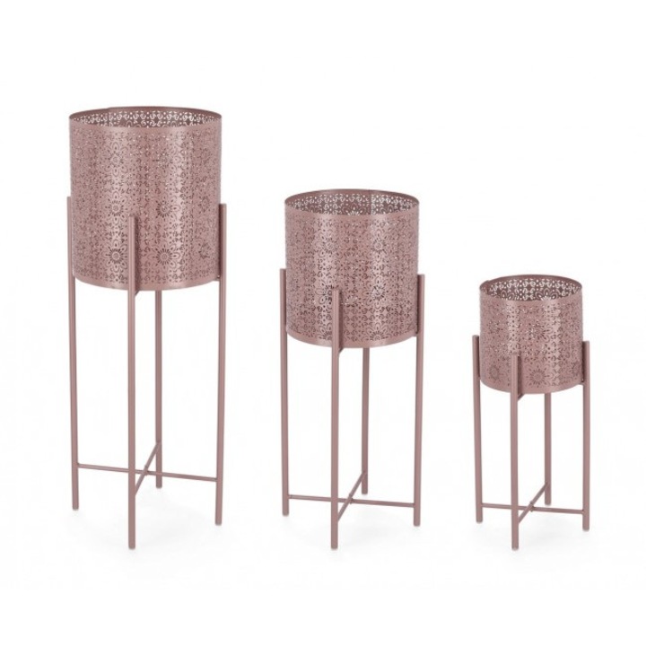 Set 3 suporturi ghivece flori metal roz Naira 23x46.5 cm, 28x61.5 cm, 30x76.5 cm
