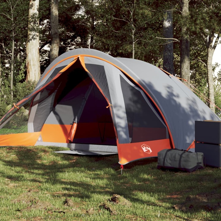 Cort de camping Gossi, cabina 4 persoane, impermeabil, gri și portocaliu, 275x183/303x140 cm