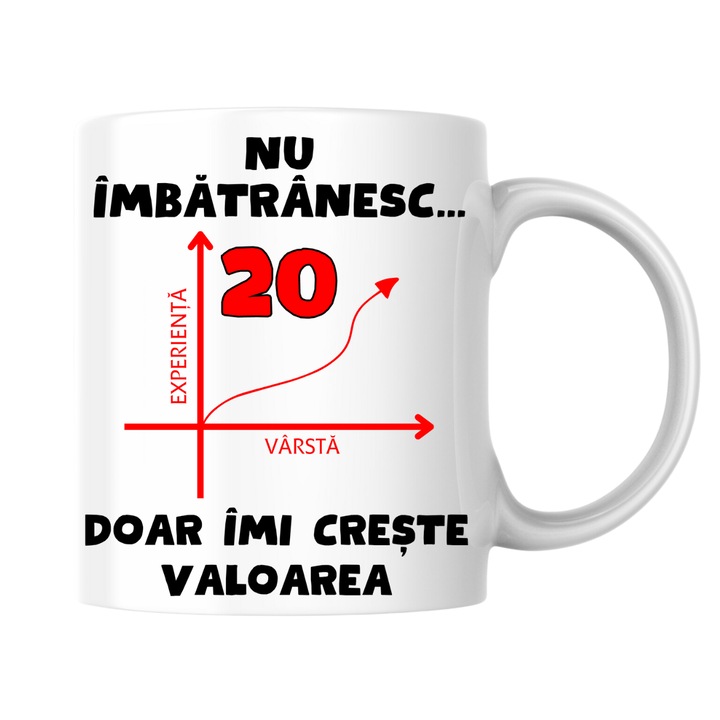Cana personalizata - Nu imbatranesc, 20 de ani, doar imi creste valoarea, alba, 330 ml
