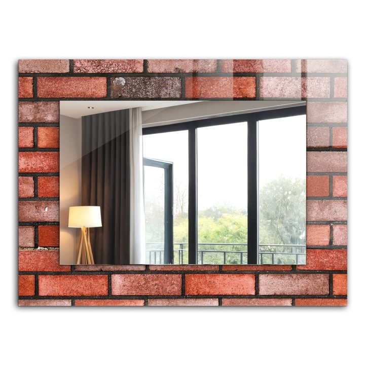 Oglinda dreptunghiulara, Wallfluent, Zid de caramida rosie, Rosu, 80x60 cm, de perete, Cu rama, 010090550370300053899