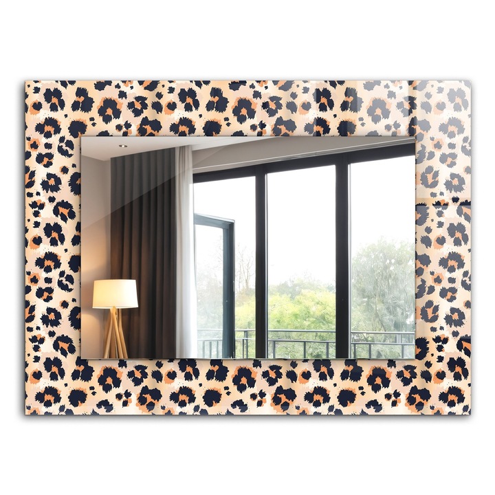 Oglinda dreptunghiulara, Tulup, Imprimeu leopard, Bej, 80x60 cm, de perete, Cu rama, 010090550370300072598
