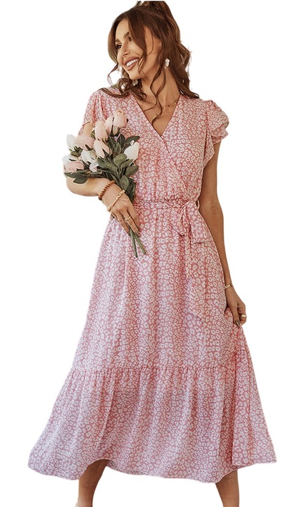 Рокля на цветя, QttvbTna, Полиестер, Розово, Розово